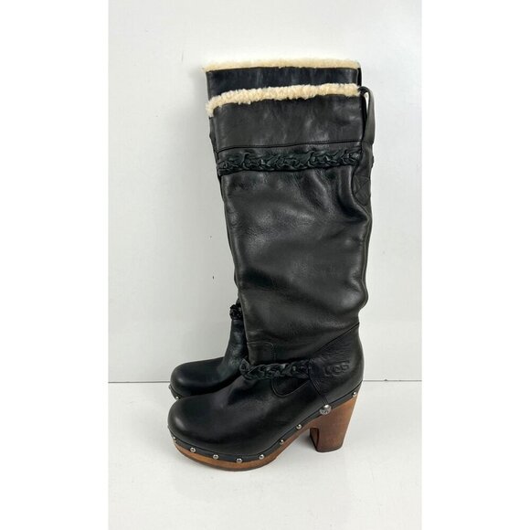 Ugg Savanna Clog Boots Women's Black Leather Knee High Size 6  Sheepskin Lined - Picture 8 of 16